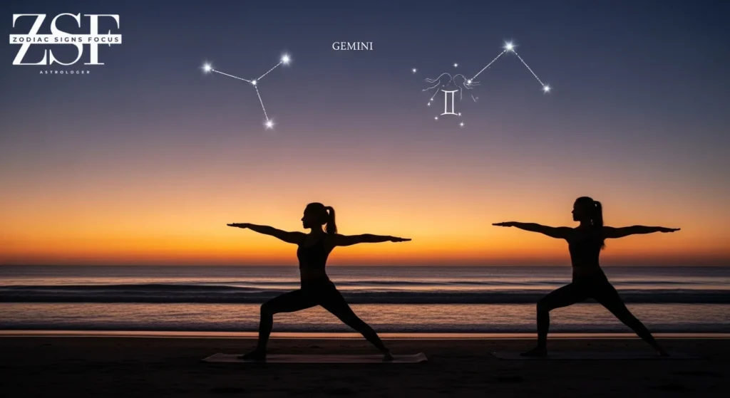 Person doing sunrise yoga with twin shadows in the background representing Gemini duality.