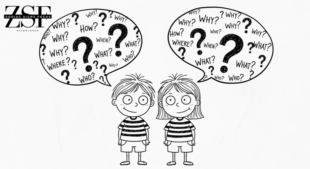 Hand-drawn Gemini twins illustration with FAQ bubbles.