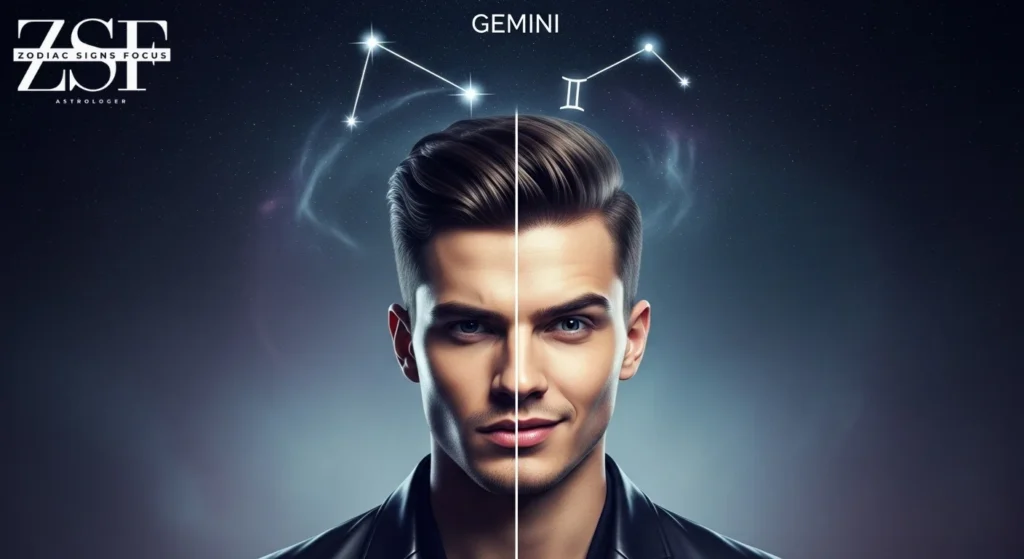 Gemini man with dual expressions under a glowing constellation.