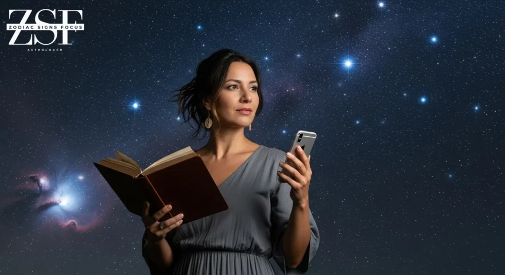 Gemini woman smiling while balancing a book and phone, city and bookshelf backgrounds.