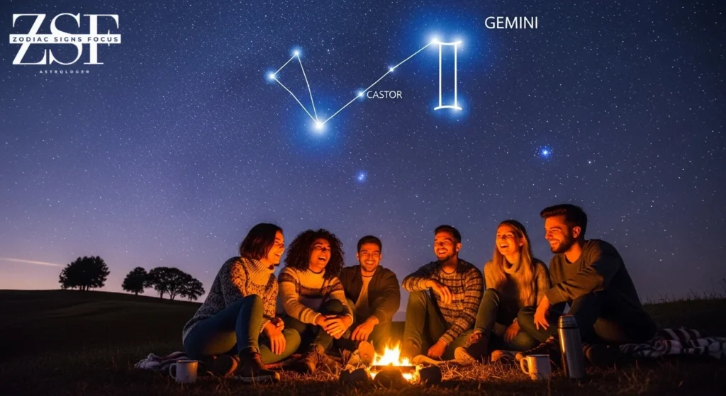 Group of friends laughing with Gemini constellation in the background.