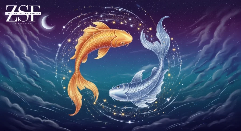 Pisces zodiac sign symbol with two fish swimming under stars