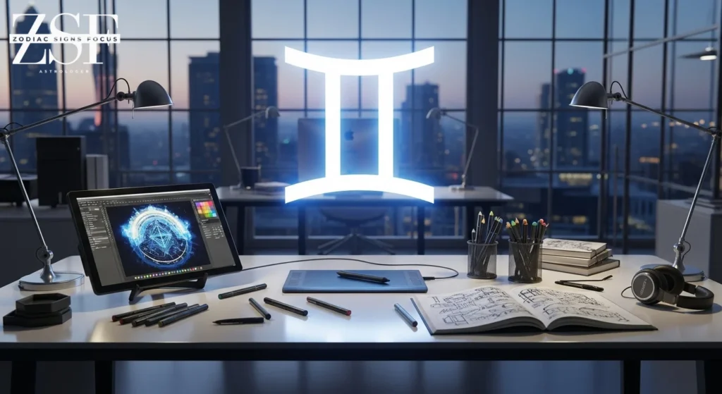 Creative workspace flatlay with laptop and notebook featuring Gemini symbol and productivity tools.