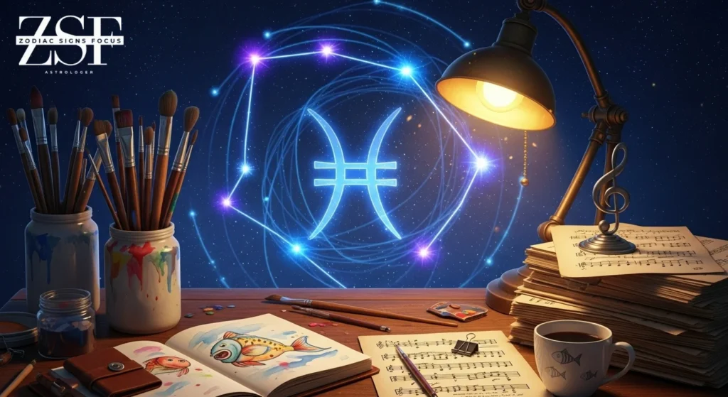 An artistic workspace with paintbrushes, music sheets, and a glowing Pisces constellation in the background.