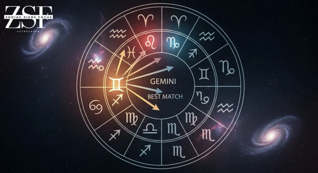 Zodiac wheel with Gemini highlighted and best compatibility signs marked.