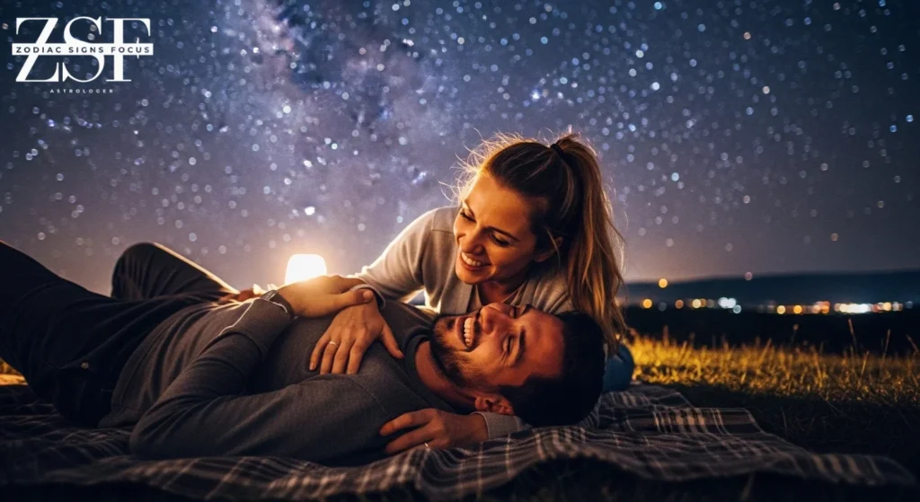 Romantic couple under Gemini constellation showing playful love energy.
