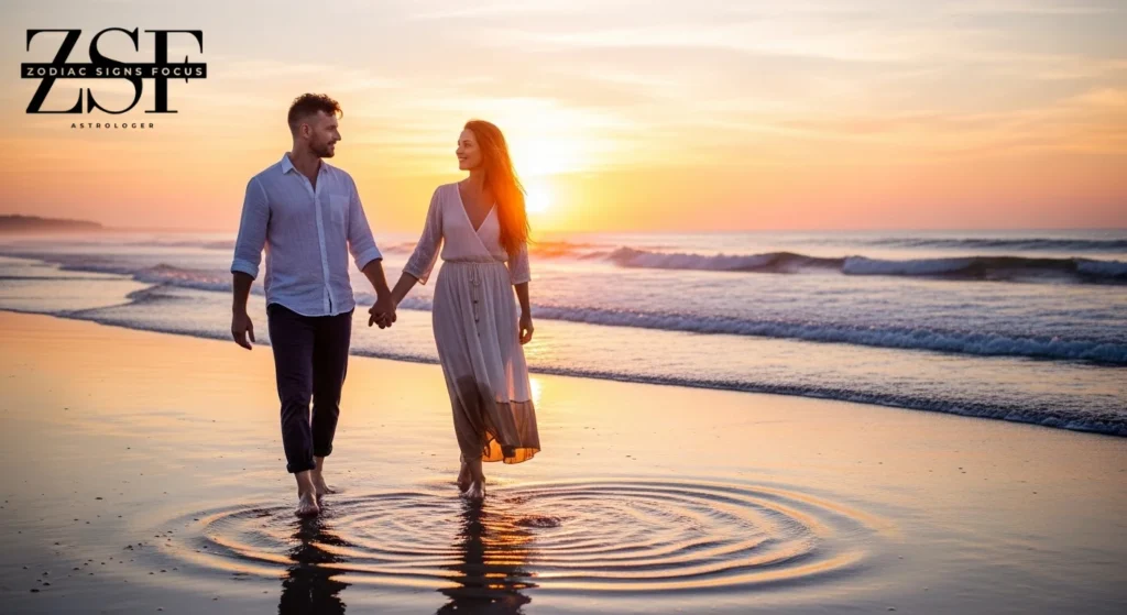 A romantic couple walking near the ocean at sunset, dreamy atmosphere with heart-shaped ripples in the water.