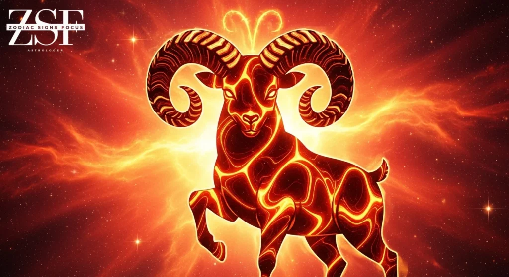 Aries zodiac sign ram symbol with fiery cosmic background