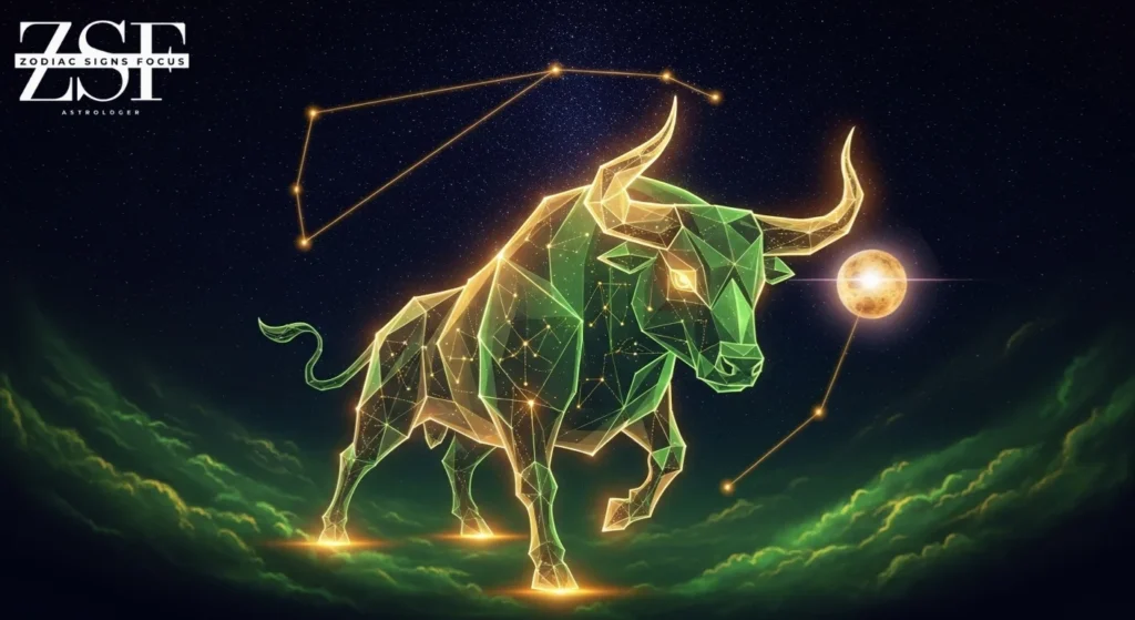 Taurus zodiac symbol with stars and Venus in astrology design.