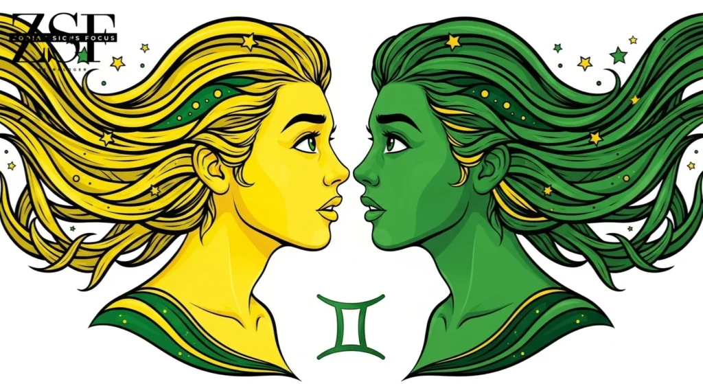Gemini twins zodiac sign with cosmic background in yellow and green colors.
