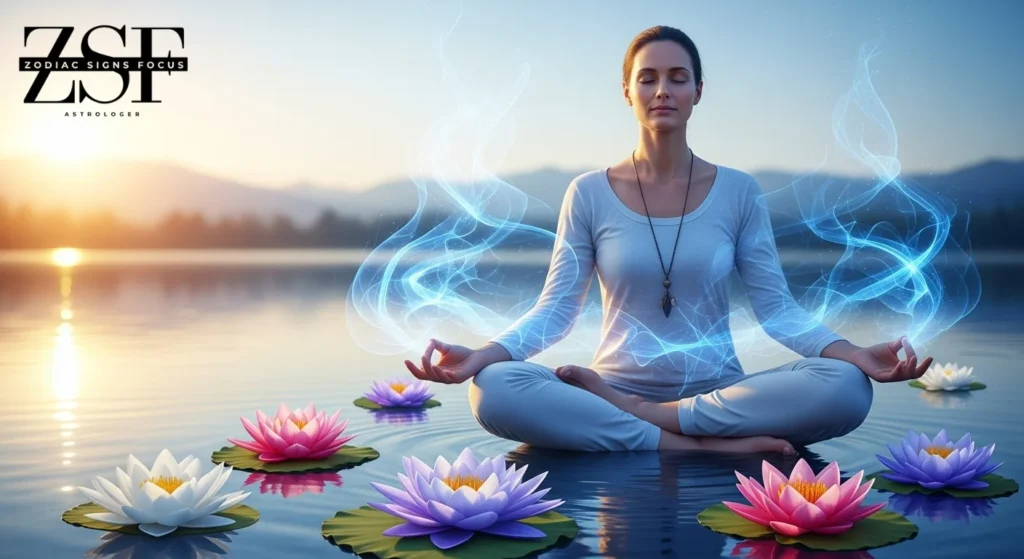 Pisces health and wellness – meditation and balance by water illustration