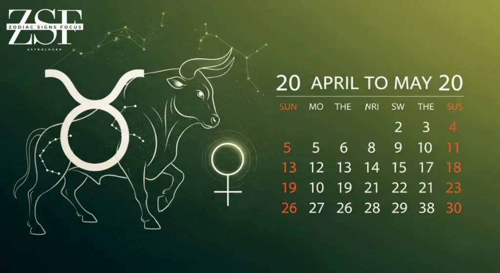 Taurus zodiac dates April 20 – May 20 with bull symbol and astrology calendar