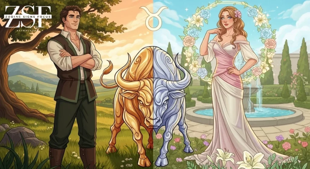 Taurus man and Taurus woman zodiac personality comparison illustration.