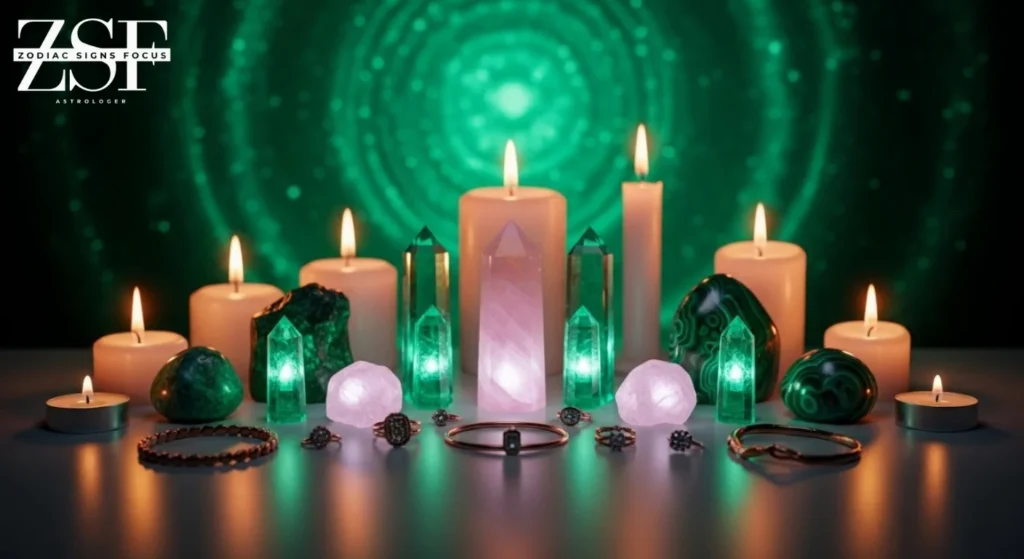 Taurus birthstones and lucky charms with crystals, copper jewelry, and spiritual aura colors.