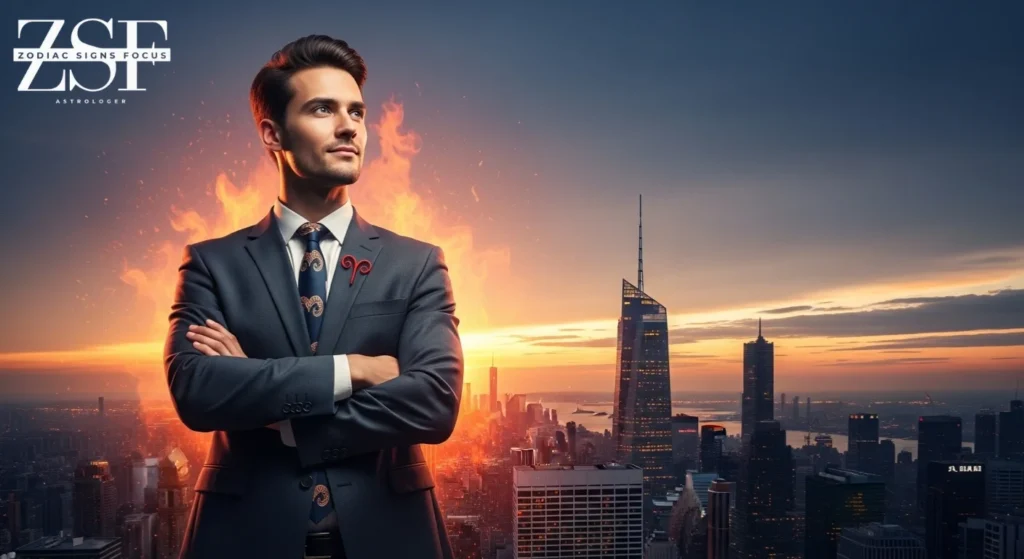 Aries career success symbol with city skyline