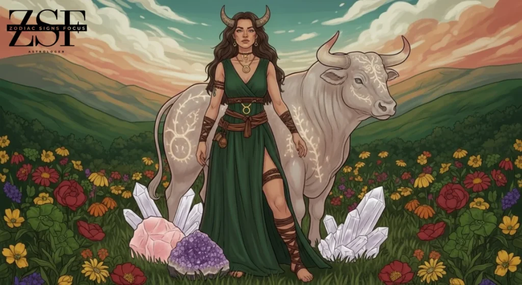 Taurus zodiac sign traits with bull symbol and earthy nature theme.