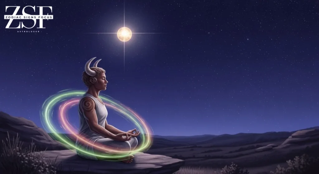 Taurus zodiac bull with yoga, nature, and crystals symbolizing health and wellness.