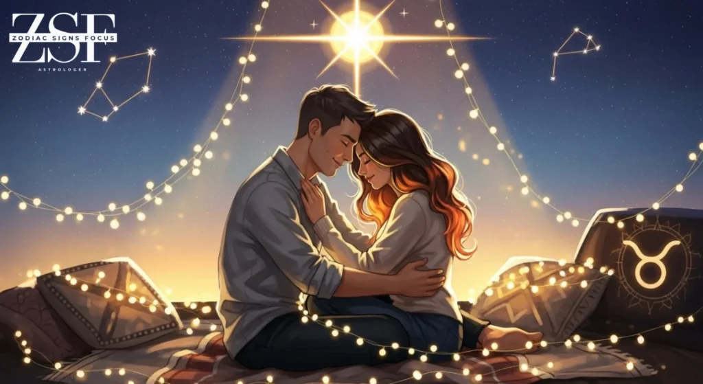 Taurus zodiac sign love and relationships with romantic Venus astrology theme.