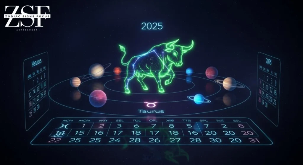 Taurus zodiac yearly horoscope 2025 with planets and astrology calendar.
