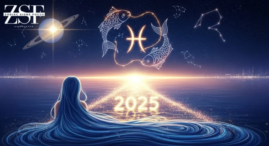 Pisces zodiac symbol with glowing path over water and Saturn in the night sky, representing Pisces overall horoscope forecast for 2025.