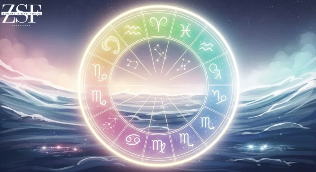 Pisces zodiac sign compatibility chart with zodiac wheel, stars, and water elements showing Pisces relationships with other signs
