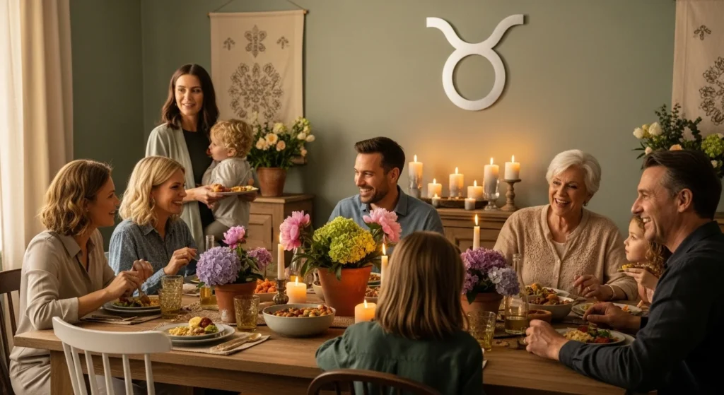 Taurus zodiac symbol with family and friends enjoying a cozy meal together, representing loyalty and warmth.