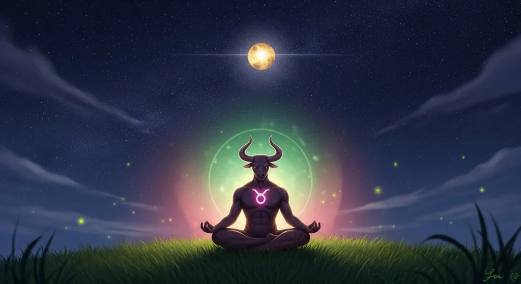 Taurus zodiac energy balance with aura colors under Venus planet.