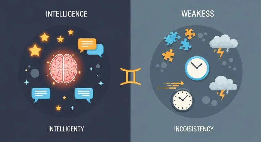 Artistic illustration of Gemini strengths like intelligence and communication on one side, and weaknesses like restlessness and indecisiveness on the other.